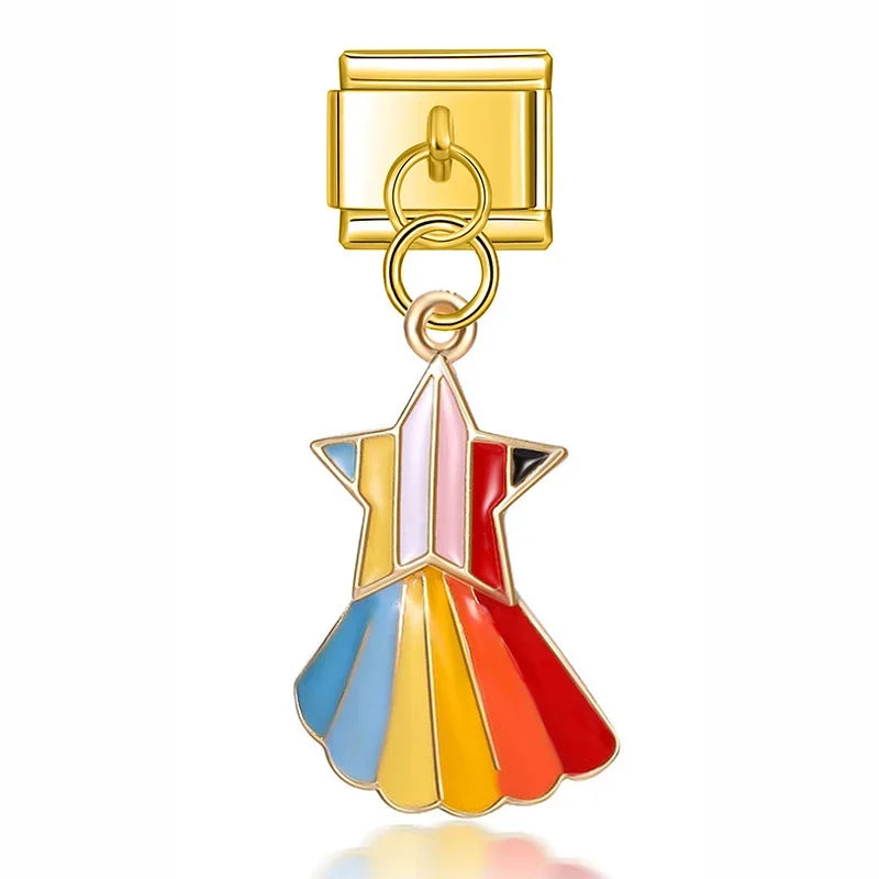 Colour Wing Key Heart Dog Charms – rainbow star and shell charm in gold, Italian charm bracelet charm by Charmtastic