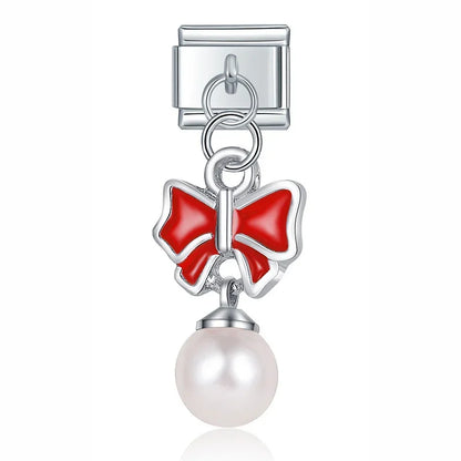 Red bow with pearl dangle Italian charm, by Charmtastic