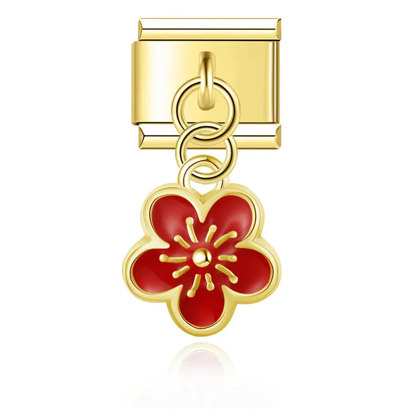 Red flower dangle gold Italian charm, by Charmtastic