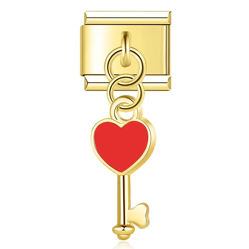 Red heart key gold Italian charm, by Charmtastic