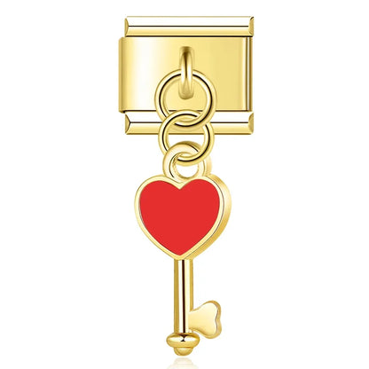 Red heart key gold Italian charm, by Charmtastic