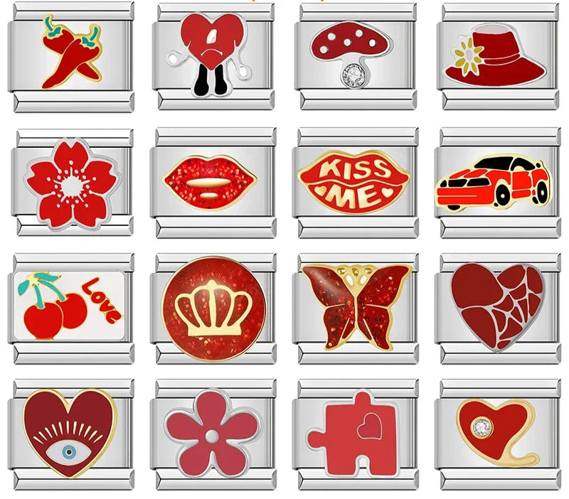 Red-Themed Charms: Glaze, Flower, Heart & Kiss Me – Italian charm bracelet charm, design 1 of 6, by Charmtastic