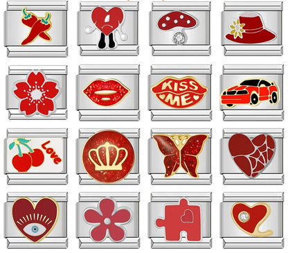 Red-Themed Charms: Glaze, Flower, Heart & Kiss Me – Italian charm bracelet charm, design 1 of 6, by Charmtastic