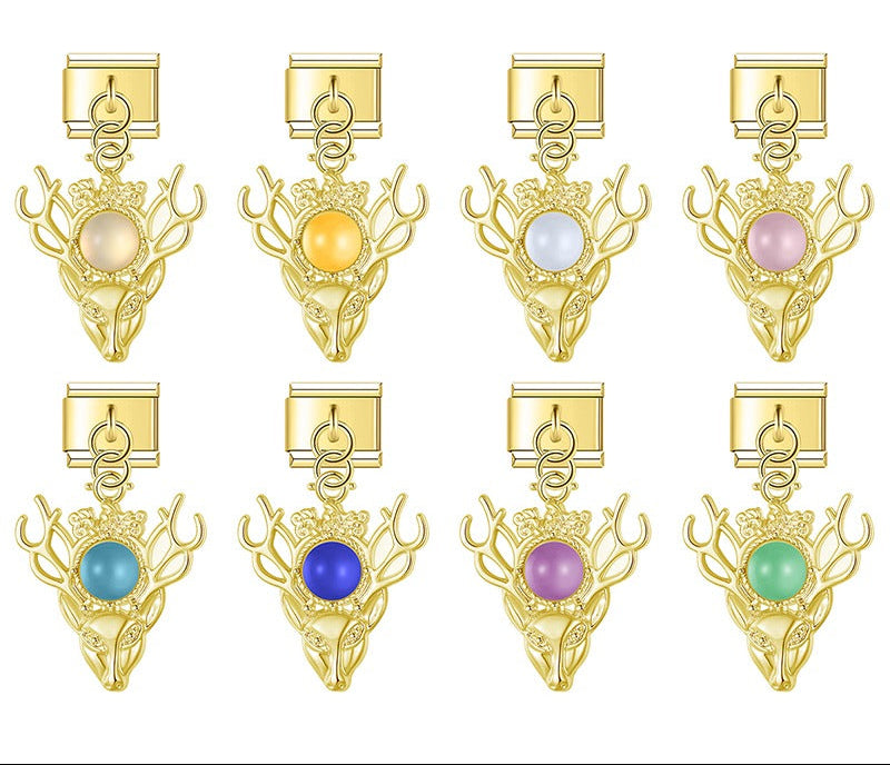 A collection of 8 gold dangle Italian charms on 9mm modular links featuring a detailed stag deer head crowned with a round pearl in white, yellow, blue, pink, teal, dark blue, purple, and green - Charmtastic