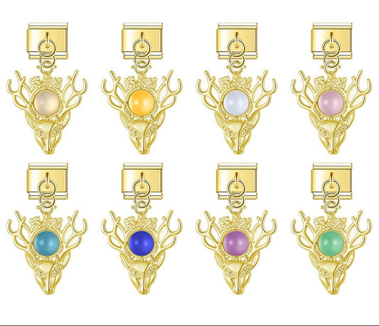 A collection of 8 gold dangle Italian charms on 9mm modular links featuring a detailed stag deer head crowned with a round pearl in white, yellow, blue, pink, teal, dark blue, purple, and green - Charmtastic