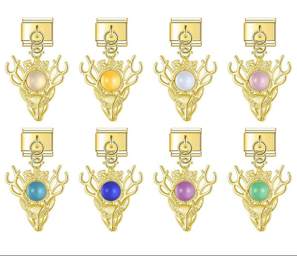 A collection of 8 gold dangle Italian charms on 9mm modular links featuring a detailed stag deer head crowned with a round pearl in white, yellow, blue, pink, teal, dark blue, purple, and green - Charmtastic