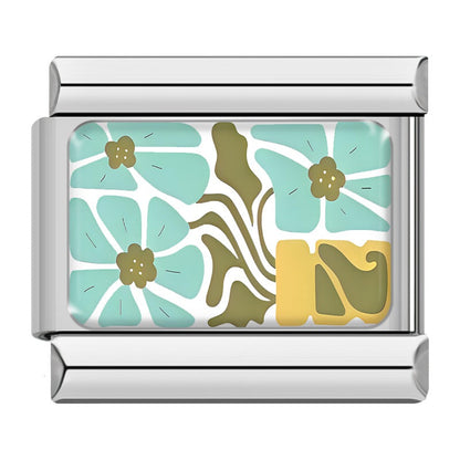 Retro 70s Floral & Botanical Pattern Italian Charms – mint green retro flowers with olive accents rectangular enamel charm, Italian charm bracelet charm by Charmtastic