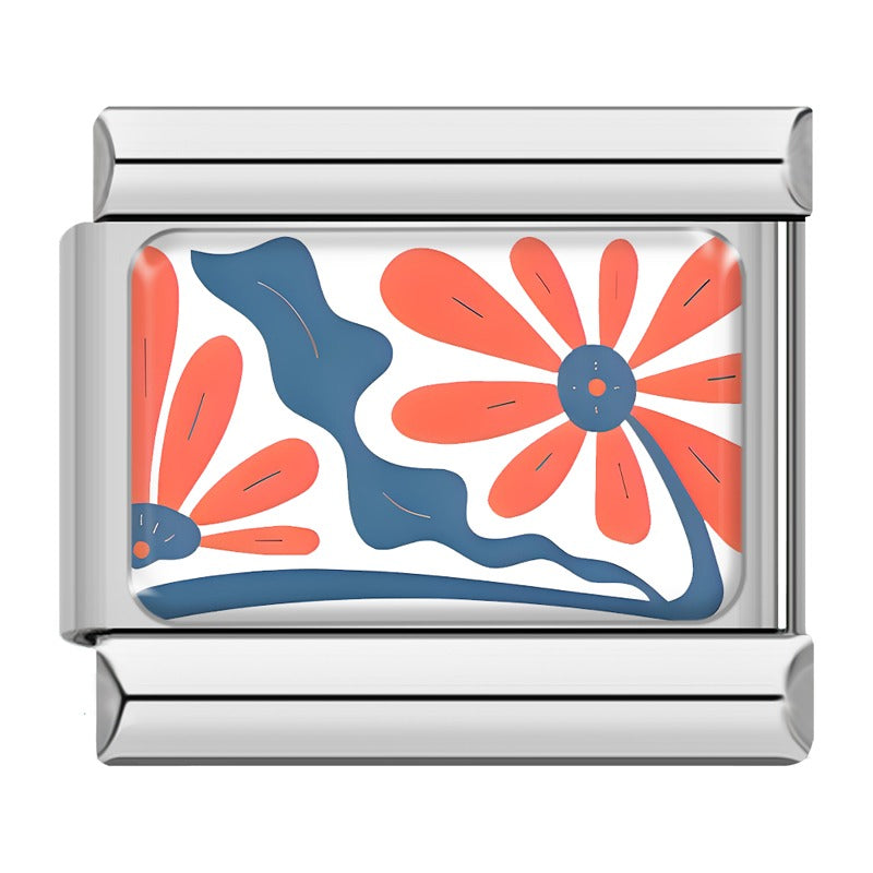 Retro 70s Floral & Botanical Pattern Italian Charms – orange retro daisy with blue leaf pattern rectangular enamel charm, Italian charm bracelet charm by Charmtastic