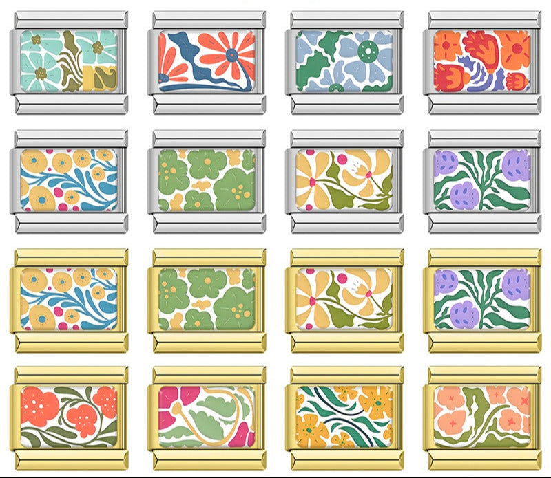 Retro 70s Floral & Botanical Pattern Italian Charms – overview of 16 rectangular enamel charms in retro floral patterns across mint, blue, orange, yellow, green, and purple color palettes, Italian charm bracelet charms by Charmtastic