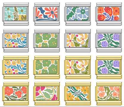 Retro 70s Floral & Botanical Pattern Italian Charms – overview of 16 rectangular enamel charms in retro floral patterns across mint, blue, orange, yellow, green, and purple color palettes, Italian charm bracelet charms by Charmtastic