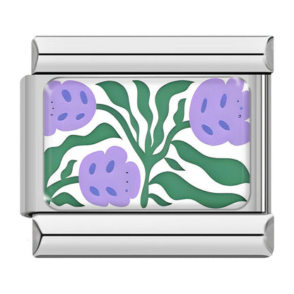 Retro 70s Floral & Botanical Pattern Italian Charms – purple retro flowers with green leaves rectangular enamel charm, Italian charm bracelet charm by Charmtastic
