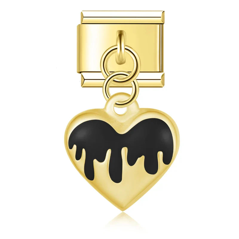 Black drip heart dangle gold Italian charm, by Charmtastic