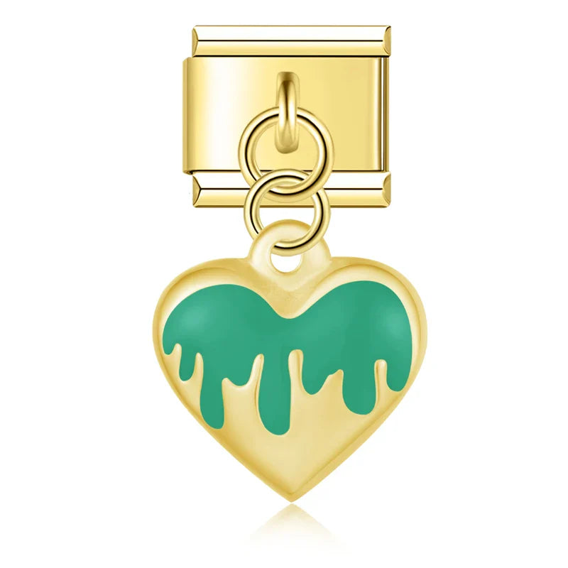 Green drip heart dangle gold Italian charm, by Charmtastic