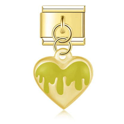 Olive drip heart dangle gold Italian charm, by Charmtastic