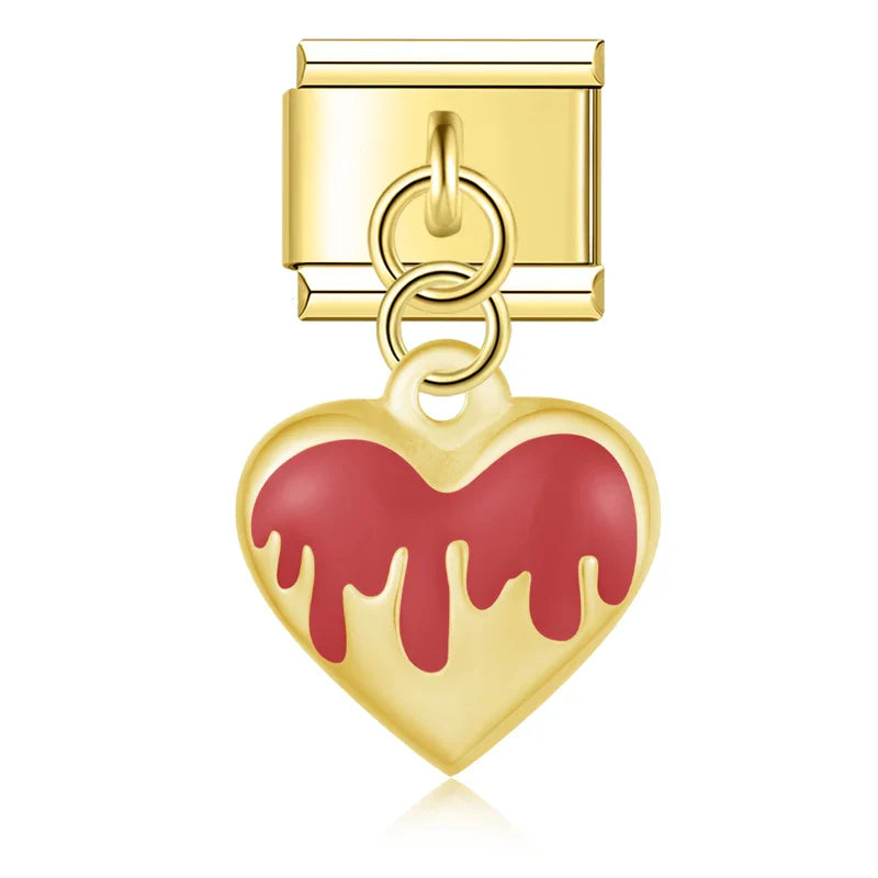 Red drip heart dangle gold Italian charm, by Charmtastic