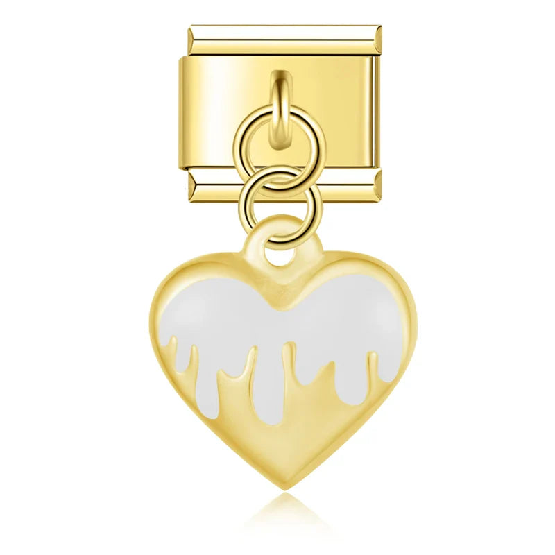 White drip heart dangle gold Italian charm, by Charmtastic