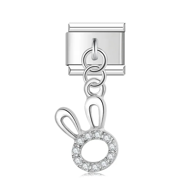 Bunny ears CZ silver dangle Italian charm, by Charmtastic