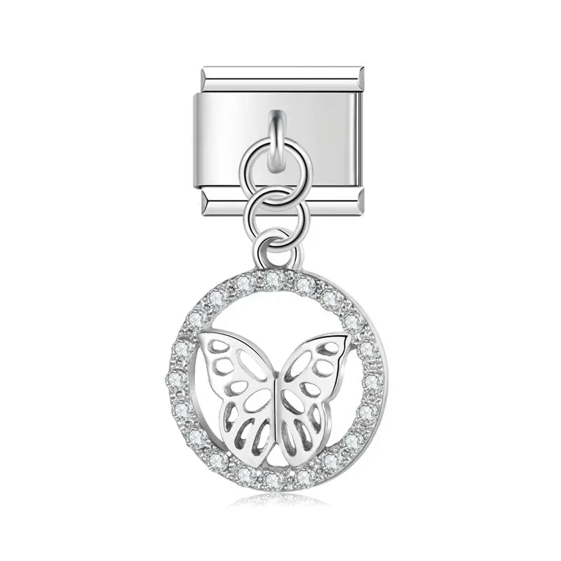 Butterfly circle CZ silver dangle Italian charm, by Charmtastic