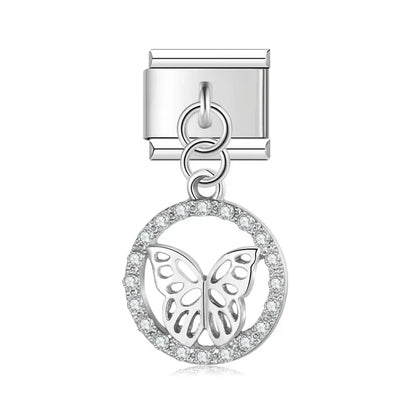 Butterfly circle CZ silver dangle Italian charm, by Charmtastic