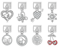 Heart & Cherry CZ Dangle Italian Charms (Silver)