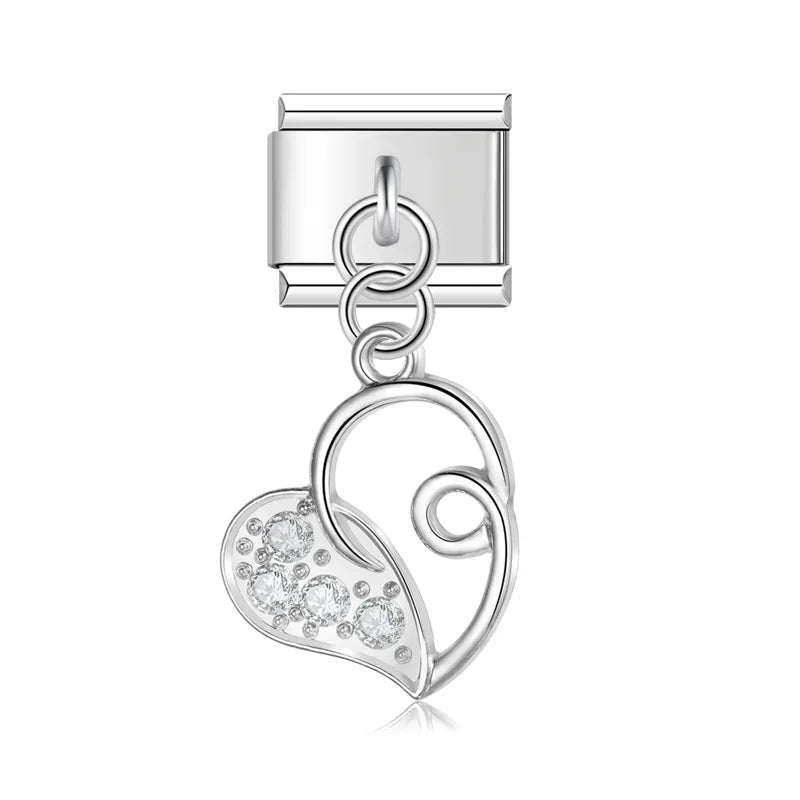Swirl heart CZ silver dangle Italian charm, by Charmtastic