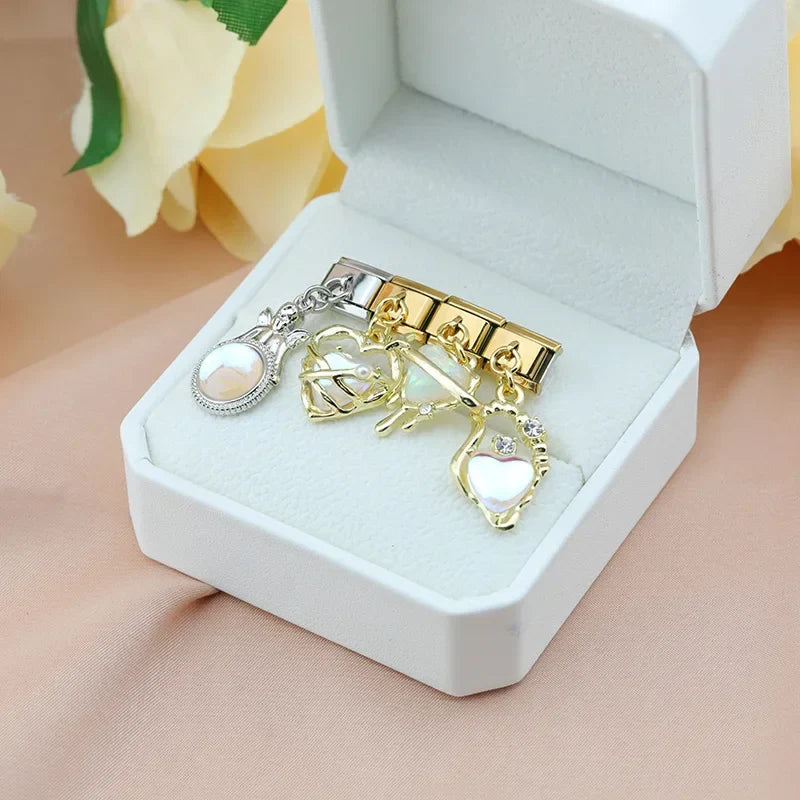 Romantic Heart Flower Charms Silver & Gold – heart and flower charms on Italian charm bracelet in gift box, by Charmtastic