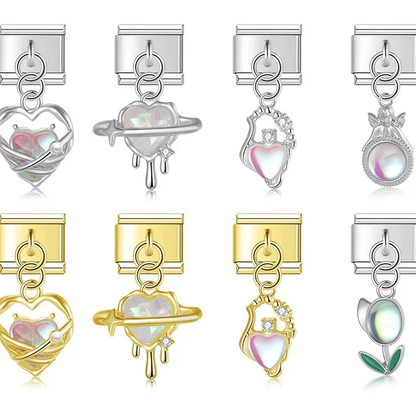 Romantic Heart Flower Charms Silver & Gold – open heart, pearl-wrap heart, ring drip heart, and flower charm designs in silver and gold, Italian charm bracelet charms by Charmtastic