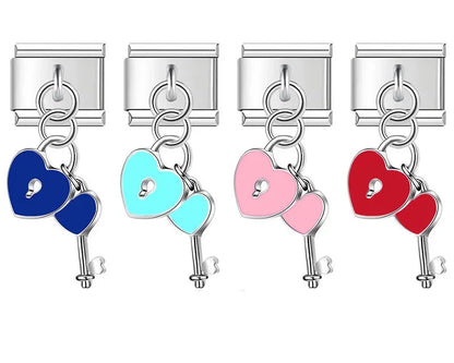 silver Italian charm bracelet link featuring a dangling heart-shaped lock and matching key in blue, pink, and red enamel for personalized modular jewelry.
