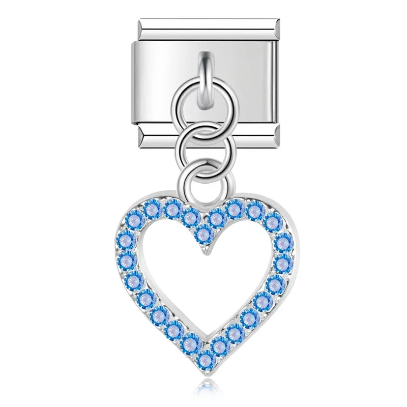 Romantic Heart Lip charms silver&gold – silver open heart dangle charm with blue crystals, Italian charm bracelet charm by Charmtastic