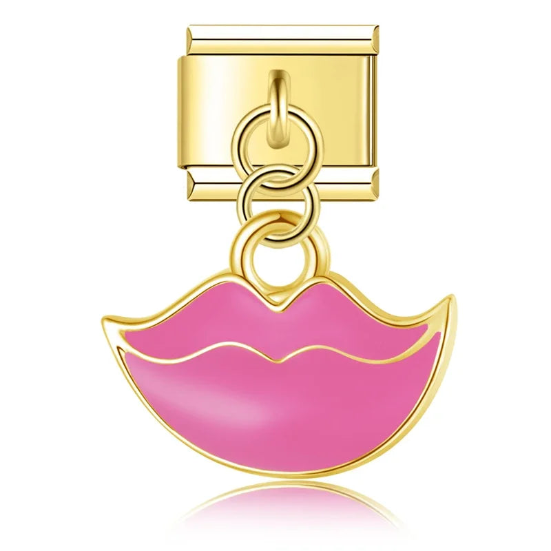 Romantic Heart Lip charms silver&gold – gold pink lips dangle charm, Italian charm bracelet charm by Charmtastic