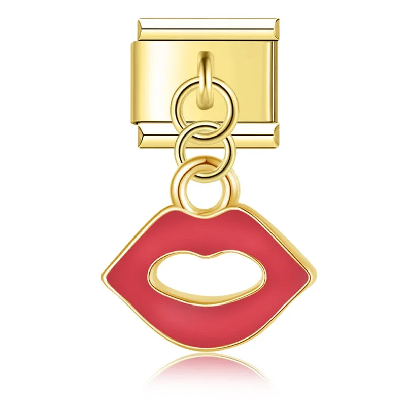 Romantic Heart Lip charms silver&gold – gold red open lips outline dangle charm, Italian charm bracelet charm by Charmtastic
