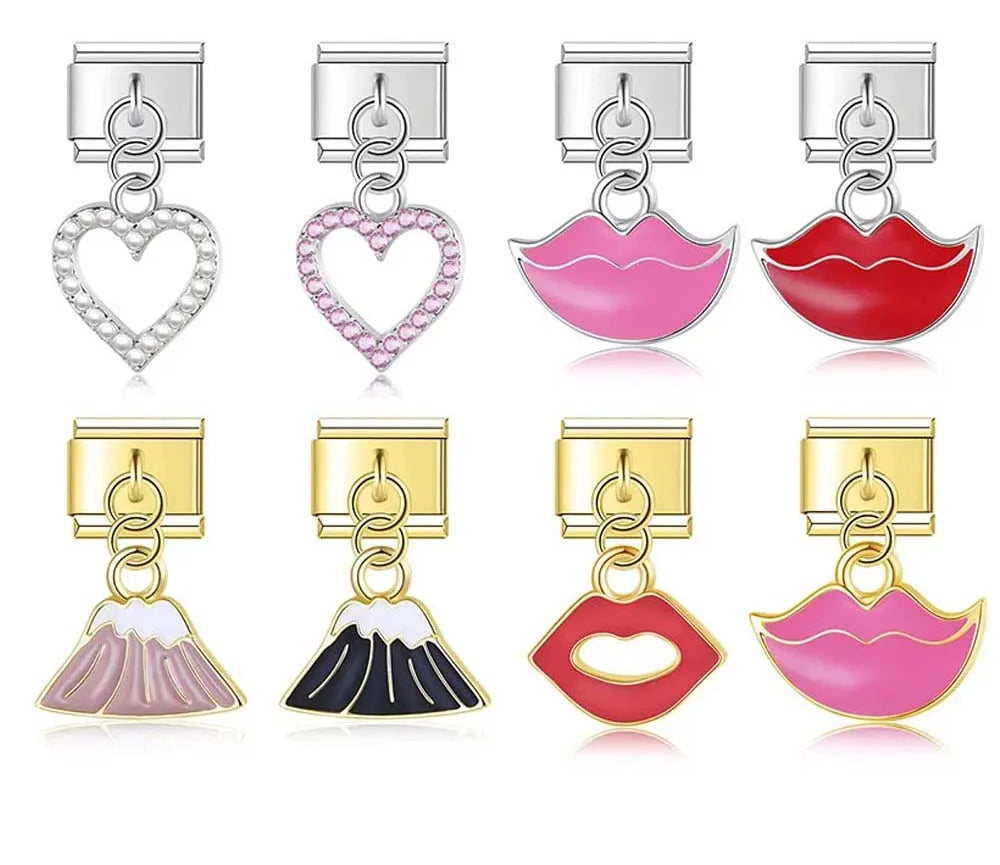 Romantic Heart Lip charms silver&gold – heart and lip dangle charms in silver and gold, Italian charm bracelet charms by Charmtastic