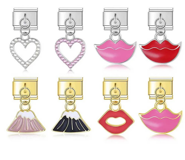 Romantic Heart Lip charms silver&gold – heart and lip dangle charms in silver and gold, Italian charm bracelet charms by Charmtastic