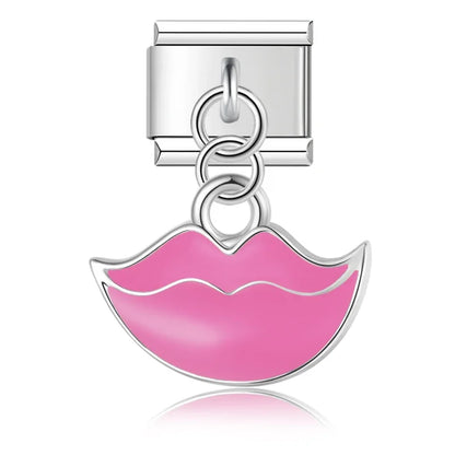 Romantic Heart Lip charms silver&gold – silver pink lips dangle charm, Italian charm bracelet charm by Charmtastic