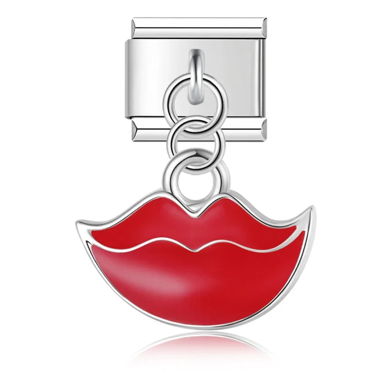 Romantic Heart Lip charms silver&gold – silver red lips dangle charm, Italian charm bracelet charm by Charmtastic