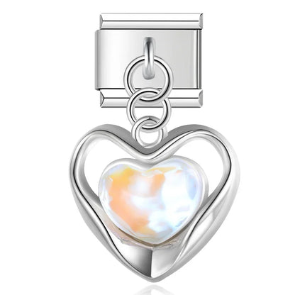 Romantic Heart Love charms – open silver heart charm with iridescent opal-style stone, Italian charm bracelet charm by Charmtastic