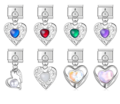 Romantic Heart Love charms – assorted silver heart charms with colored cabochon stones, pearl accent, and opal-style stones, Italian charm bracelet charms by Charmtastic
