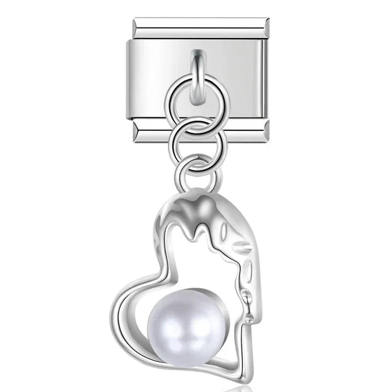 Romantic Heart Love charms – silver heart charm with pearl accent, Italian charm bracelet charm by Charmtastic