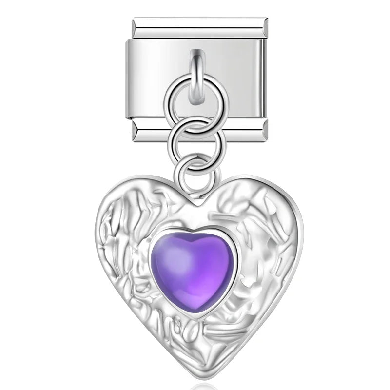 Romantic Heart Love charms – textured silver heart charm with purple cabochon stone, Italian charm bracelet charm by Charmtastic