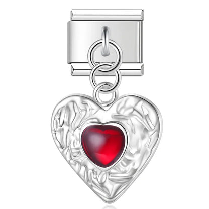 Romantic Heart Love charms – textured silver heart charm with red cabochon stone, Italian charm bracelet charm by Charmtastic