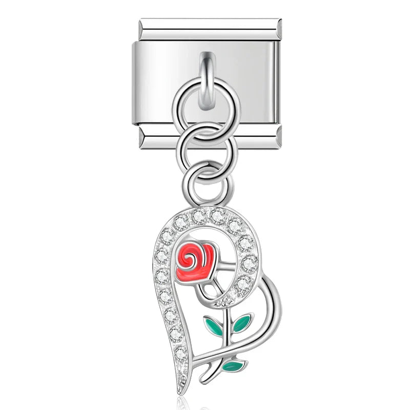 Romantic Heart Love charms – silver heart charm with red enamel rose and green leaves, Italian charm bracelet charm by Charmtastic