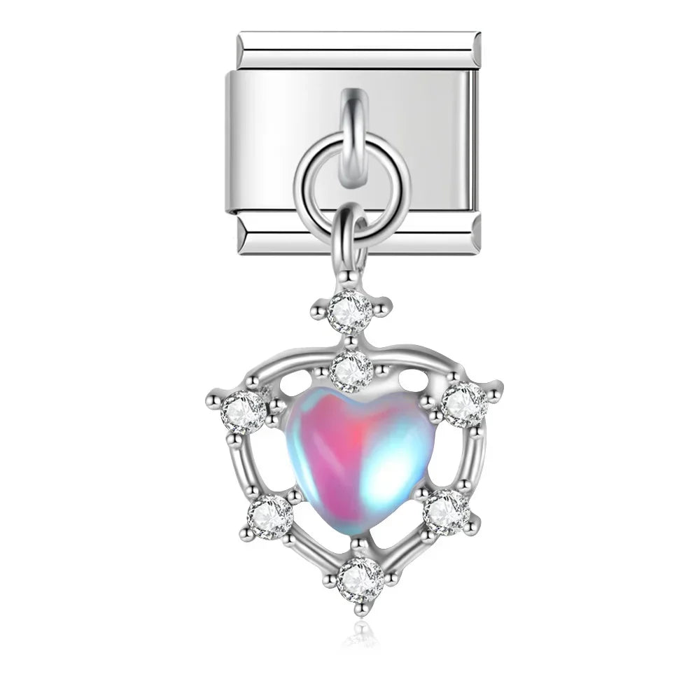 Romantic Heart Shiny designs – crystal halo iridescent heart dangle charm, Italian charm bracelet charm by Charmtastic