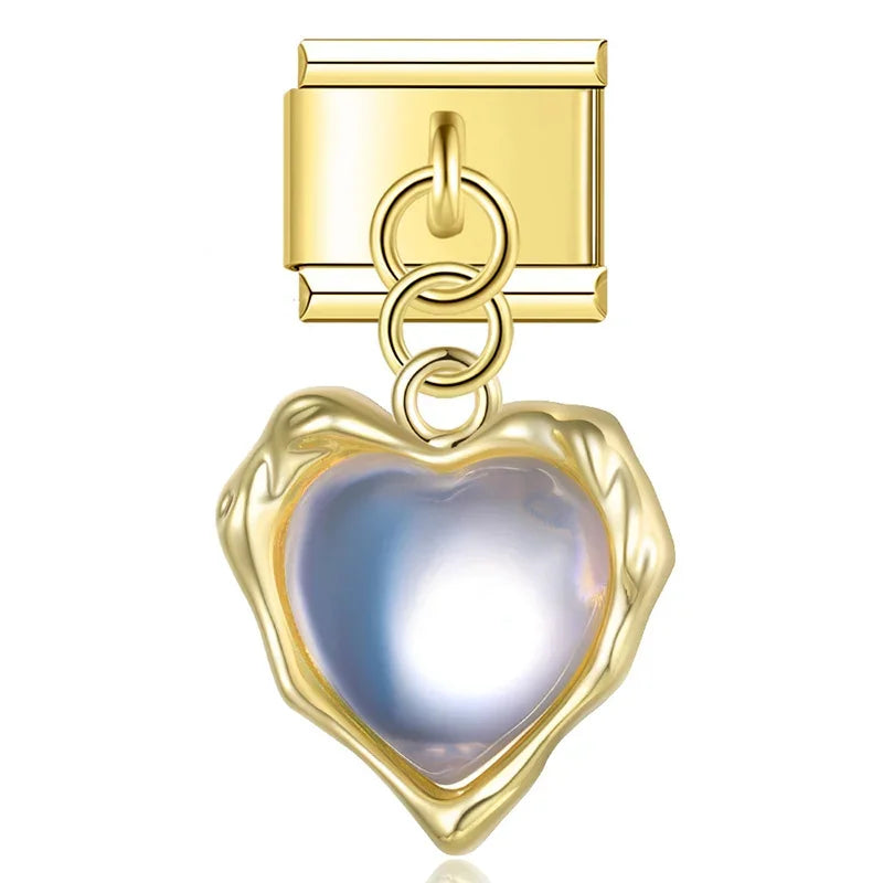 Romantic Heart Shiny designs – gold nugget-frame pearl heart dangle charm, Italian charm bracelet charm by Charmtastic