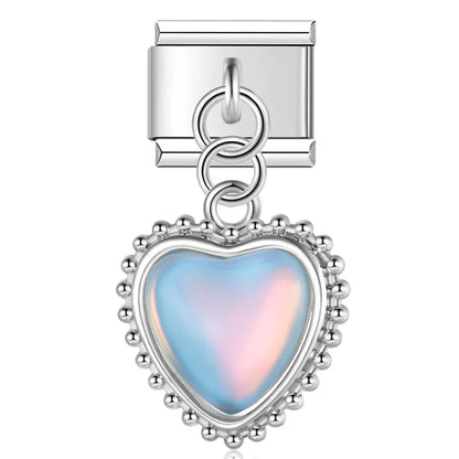 Romantic Heart Shiny designs – beaded frame iridescent blue heart dangle charm, Italian charm bracelet charm by Charmtastic