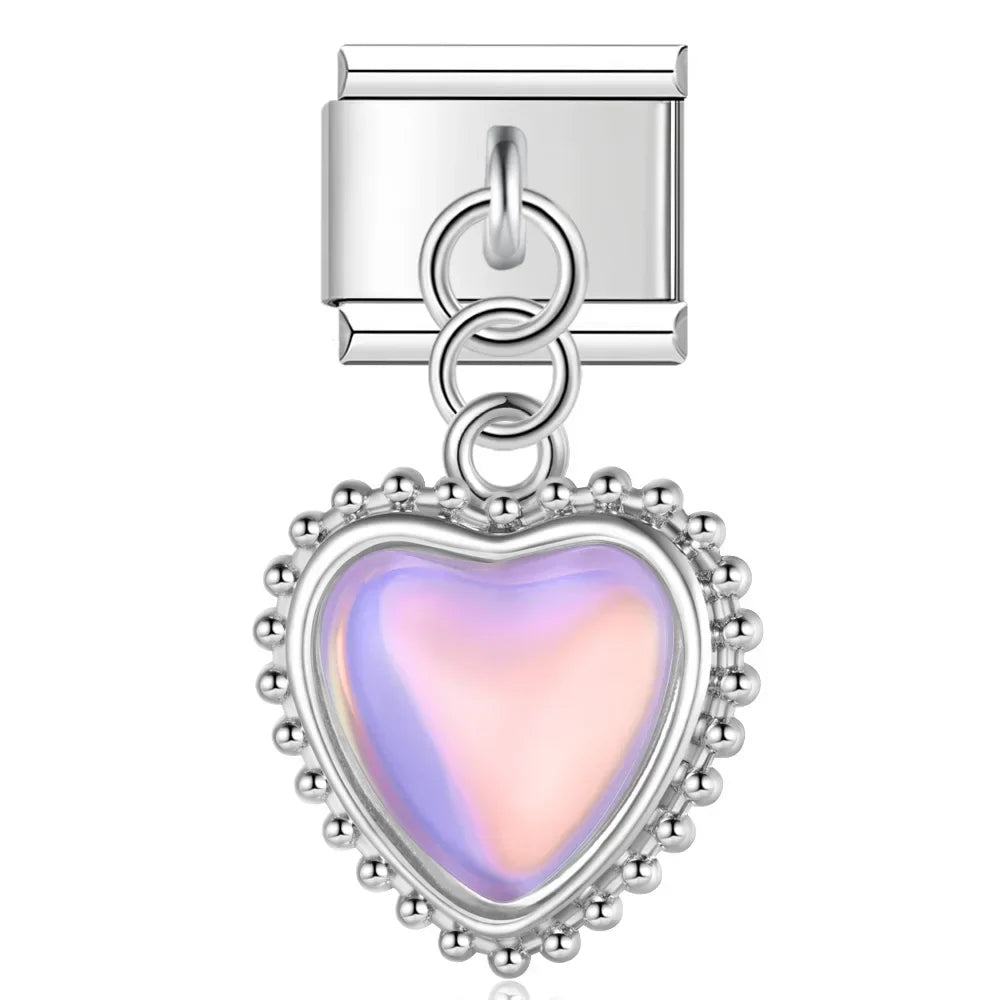 Romantic Heart Shiny designs – beaded frame iridescent pink heart dangle charm, Italian charm bracelet charm by Charmtastic