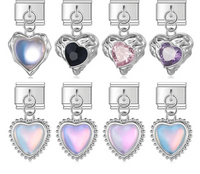 Romantic Heart Crystal Dangle Italian Charms — Gemstone & Moonstone Heart Drop Pendant Links