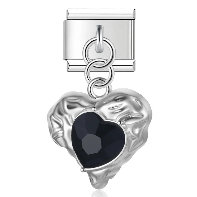 Romantic Heart Shiny designs – silver nugget-frame black crystal heart dangle charm, Italian charm bracelet charm by Charmtastic