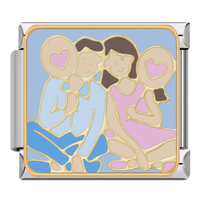 Romantic Love Story & Couples Italian Charms – couple with heart-shaped magnifying glasses over their eyes on blue background enamel charm, Italian charm bracelet charm by Charmtastic