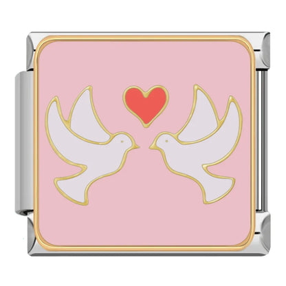 Romantic Love Story & Couples Italian Charms – two white doves facing each other with a red heart above on pink background enamel charm, Italian charm bracelet charm by Charmtastic