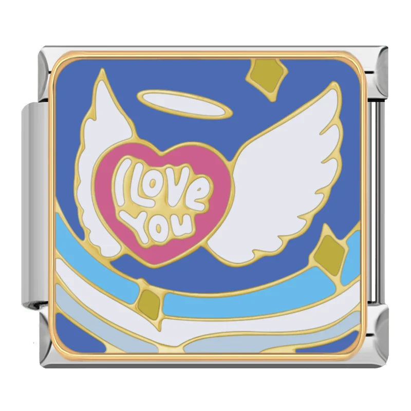 Romantic Love Story & Couples Italian Charms – I Love You heart with angel wings and halo on blue background enamel charm, Italian charm bracelet charm by Charmtastic